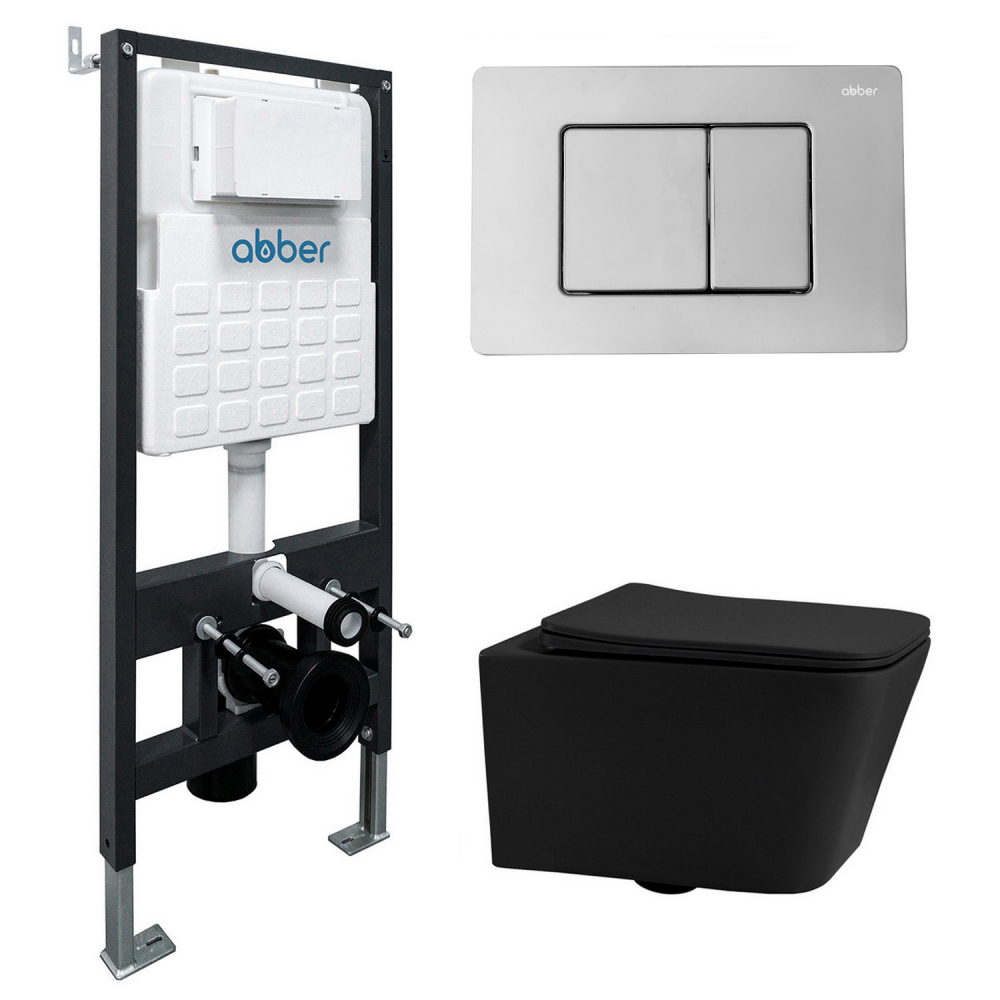 Инсталляция с унитазом Abber Rechteck AC1201MB-AC0105-AC0120, сиденье микролифт, клавиша смыва хром, черный матовый, комплект 