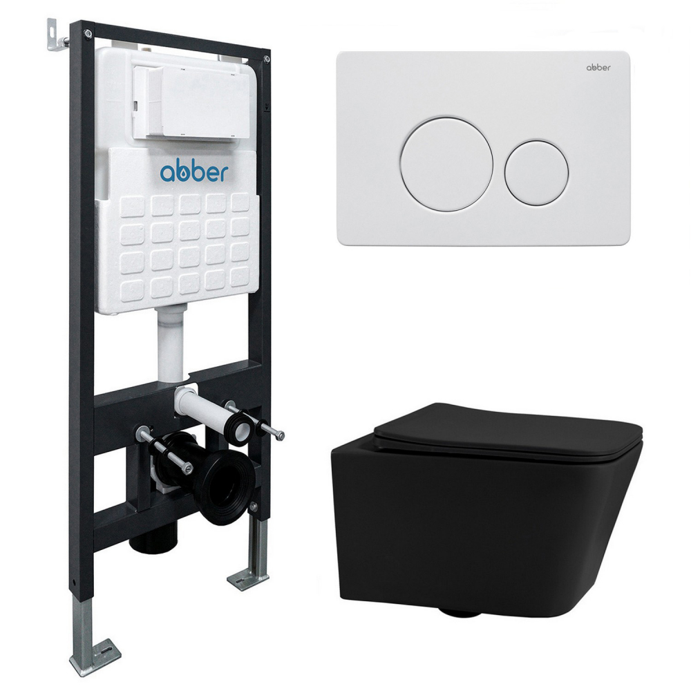 Инсталляция с унитазом Abber Rechteck AC1201MB-AC0105-AC0121MW, сиденье микролифт, клавиша смыва белый матовый, черный матовый, комплект 
