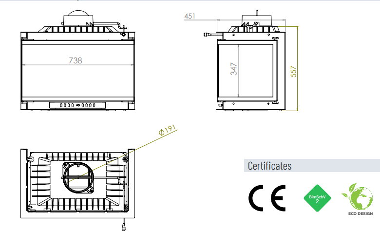 Топка ECT Font/700/LR 14 кВт, 738/X/451, трехстороннее стекло 