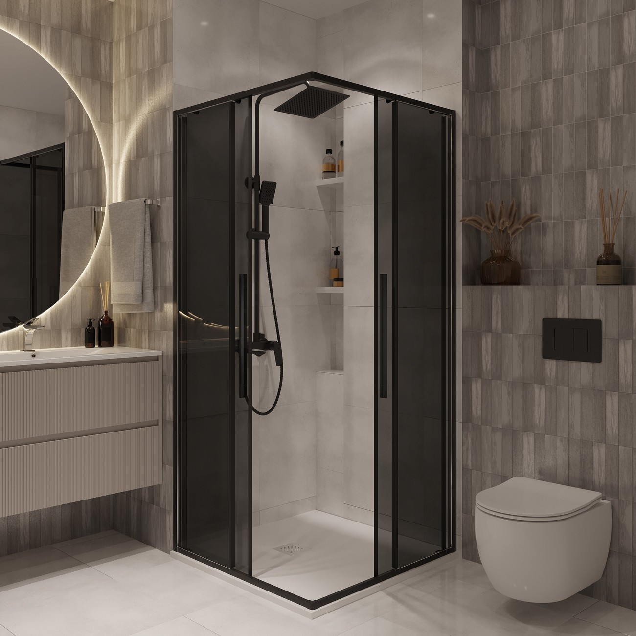 Душевое ограждение Niagara Nova NG-2823-34BLACK (90х90х195) квадрат,черный матовый,двери раздвижные,стекло тонированное,1 место 