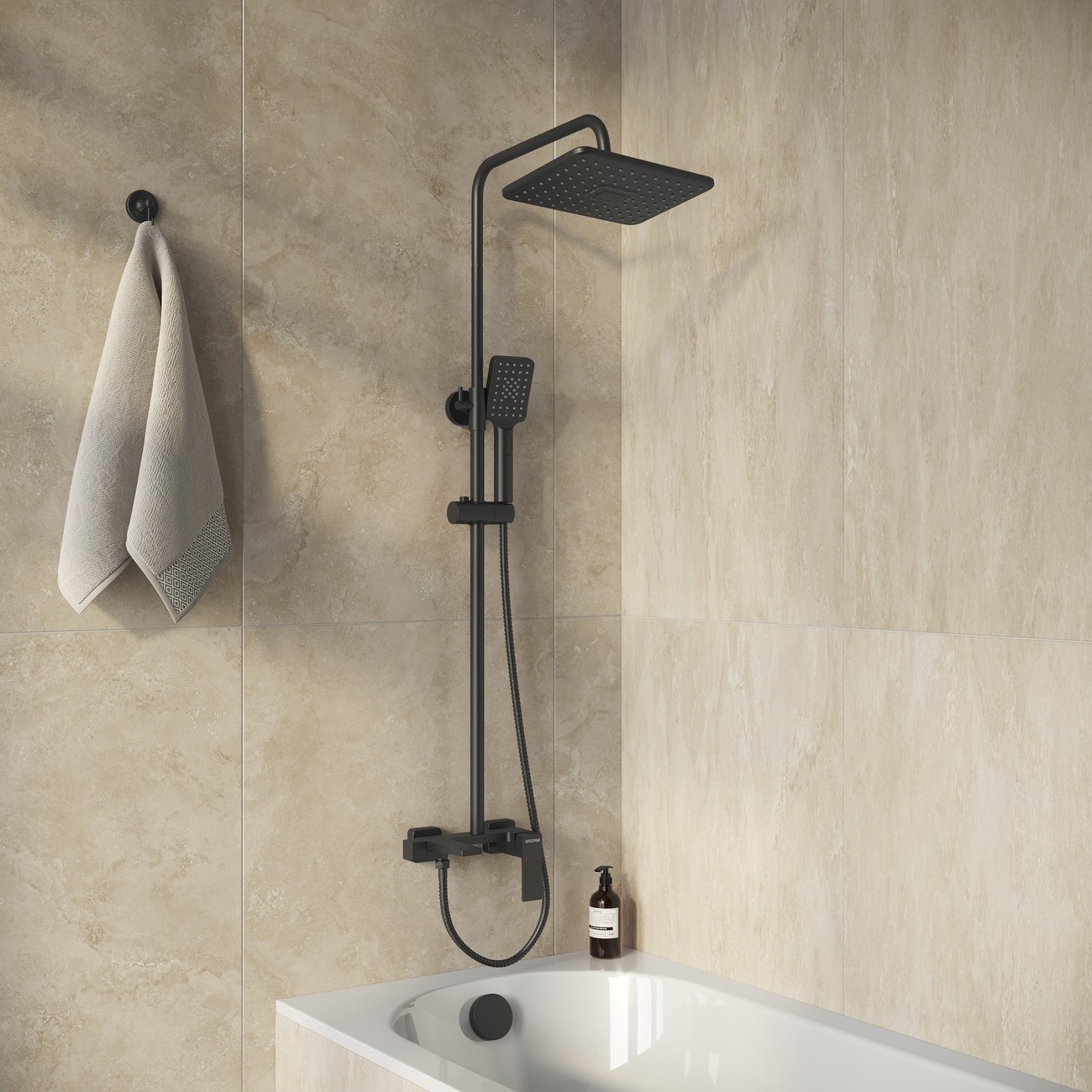 Душевая стойка Grossman Style 500.K35.05.210 с верхним душем,ручной лейкой и смесителем,черный матовый,1 место 