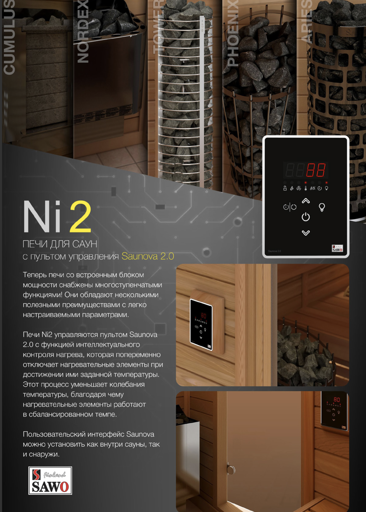 Электрическая печь SAWO NORDEX Mini NRMN-23Ni2-Z (2,3 кВт, внутри оцинковка, снаружи нержавейка), выносной пульт (встроенный блок мощности, пульт покупается отдельно) 