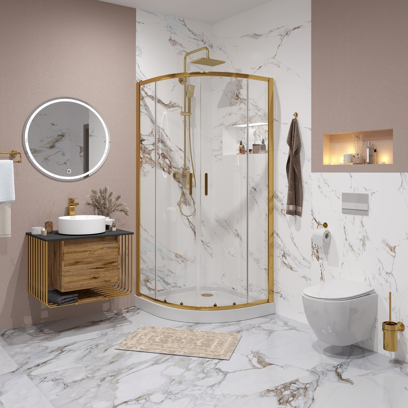 Душевое ограждение Niagara Nova NG-6407-08GOLD (100х100х195) четверть круга,золото,двери раздвижные,стекло прозрачное,1 место 