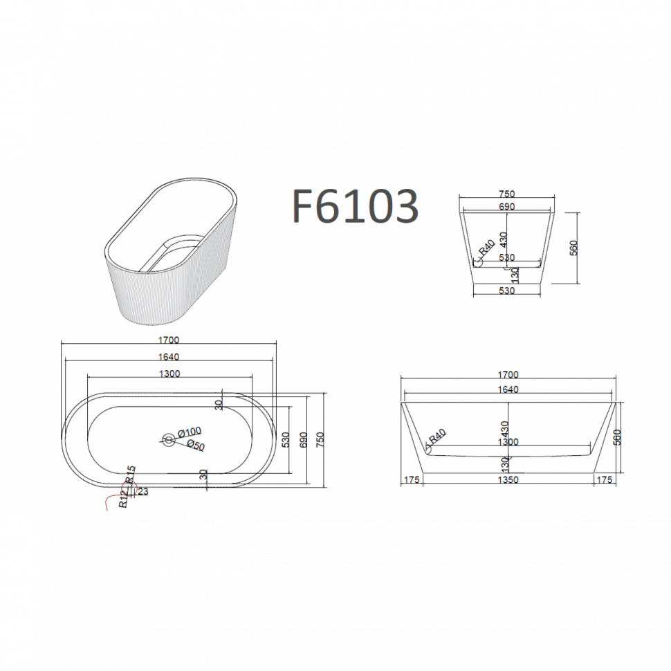 Ванна акриловая Frank F6103, 12514, 170 х 75 см, цвет белый/черный 