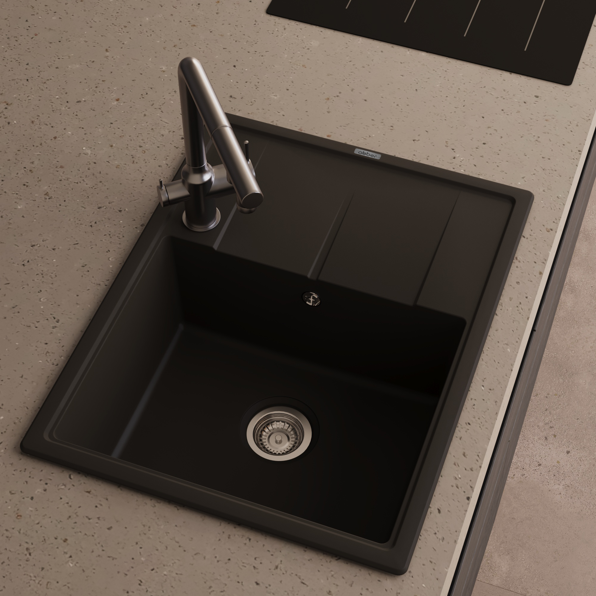 Кухонная мойка Abber Quarz AQ2903B, 65 см, кварцевый композит, крыло справа, черный матовый 