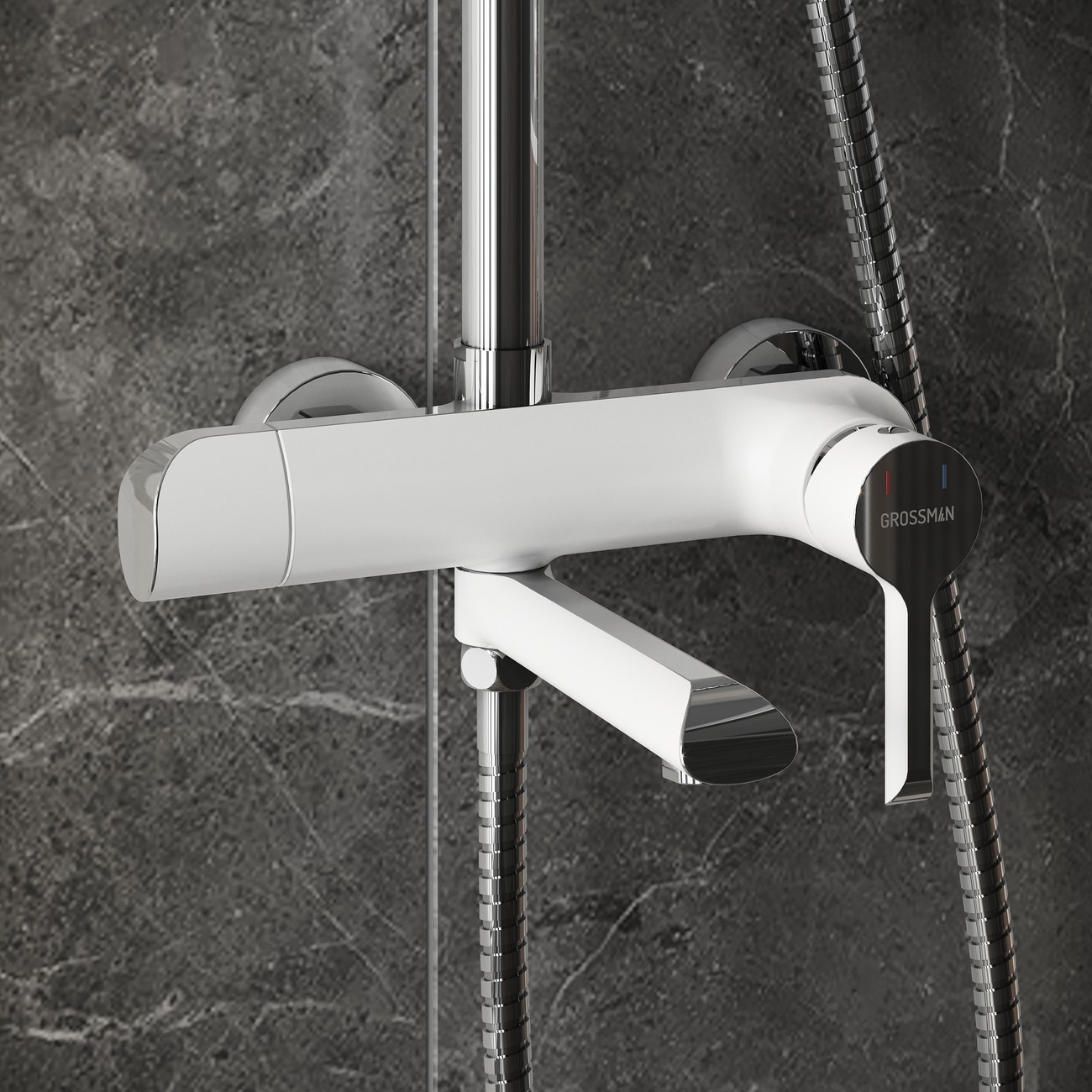 Душевая стойка Grossman Alba 500.K35.06.100/000 с верхним душем,ручной лейкой и смесителем,хром с белым,1 место 