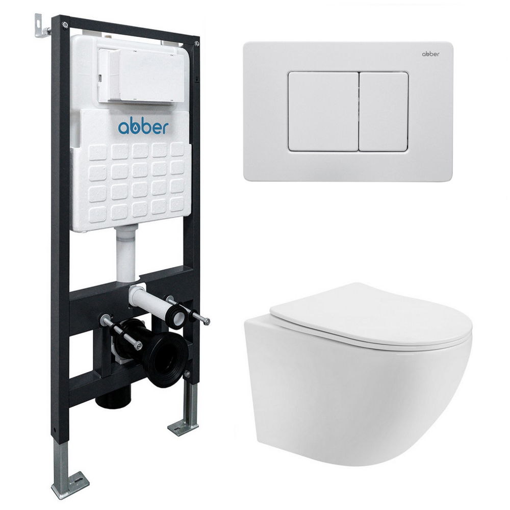 Инсталляция с унитазом Abber Bequem AC1100T-AC0105-AC0120MW, сиденье микролифт, смыв Торнадо, клавиша смыва белый матовый, белый, комплект 