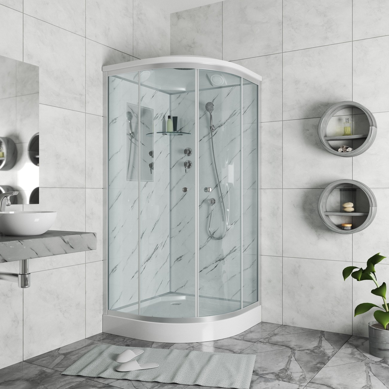 Душевая кабина Niagara Luxe NG-7701M (90x90х210) низкий поддон(15см),дверь раздвижная,стенки мрамор,3 места 