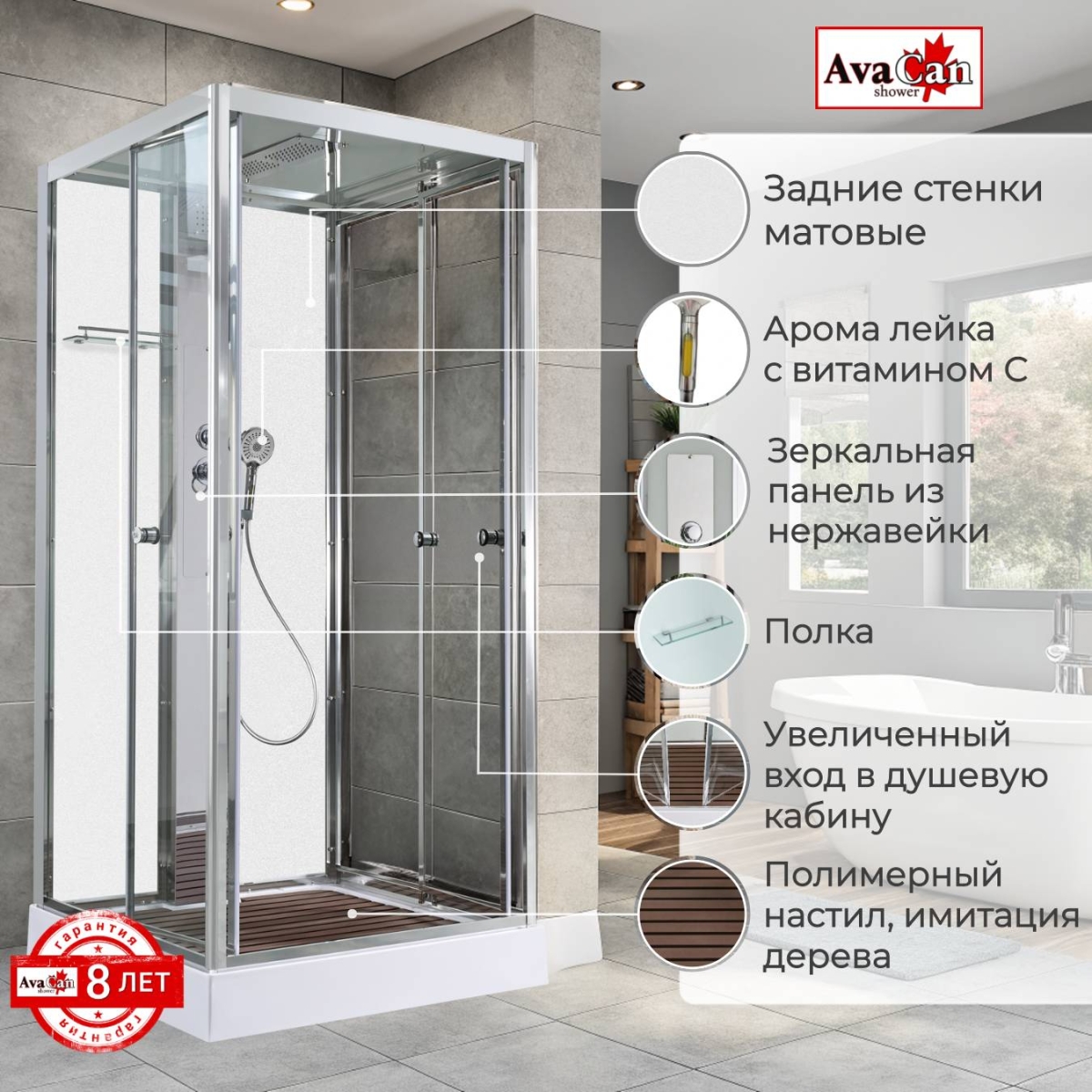 Душевая кабина AvaCan Z1910MT, 78290, 100 x 100 см, крыша и задние стенки белый матовый, поддон низкий, стекло прозрачное, профиль хром 