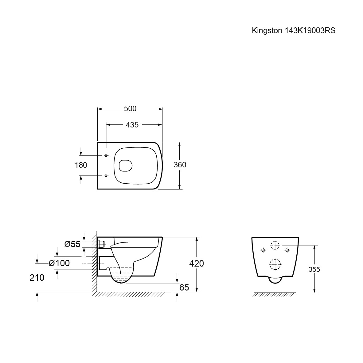 Унитаз Kingston 143K19003RS (500*360*354) подвесной БЕЗОБОДКОВЫЙ, 2 места 