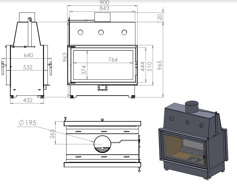 Топка ECT Double 90x51/C 15 кВт, 900/510, туннель, футеровка чугун 
