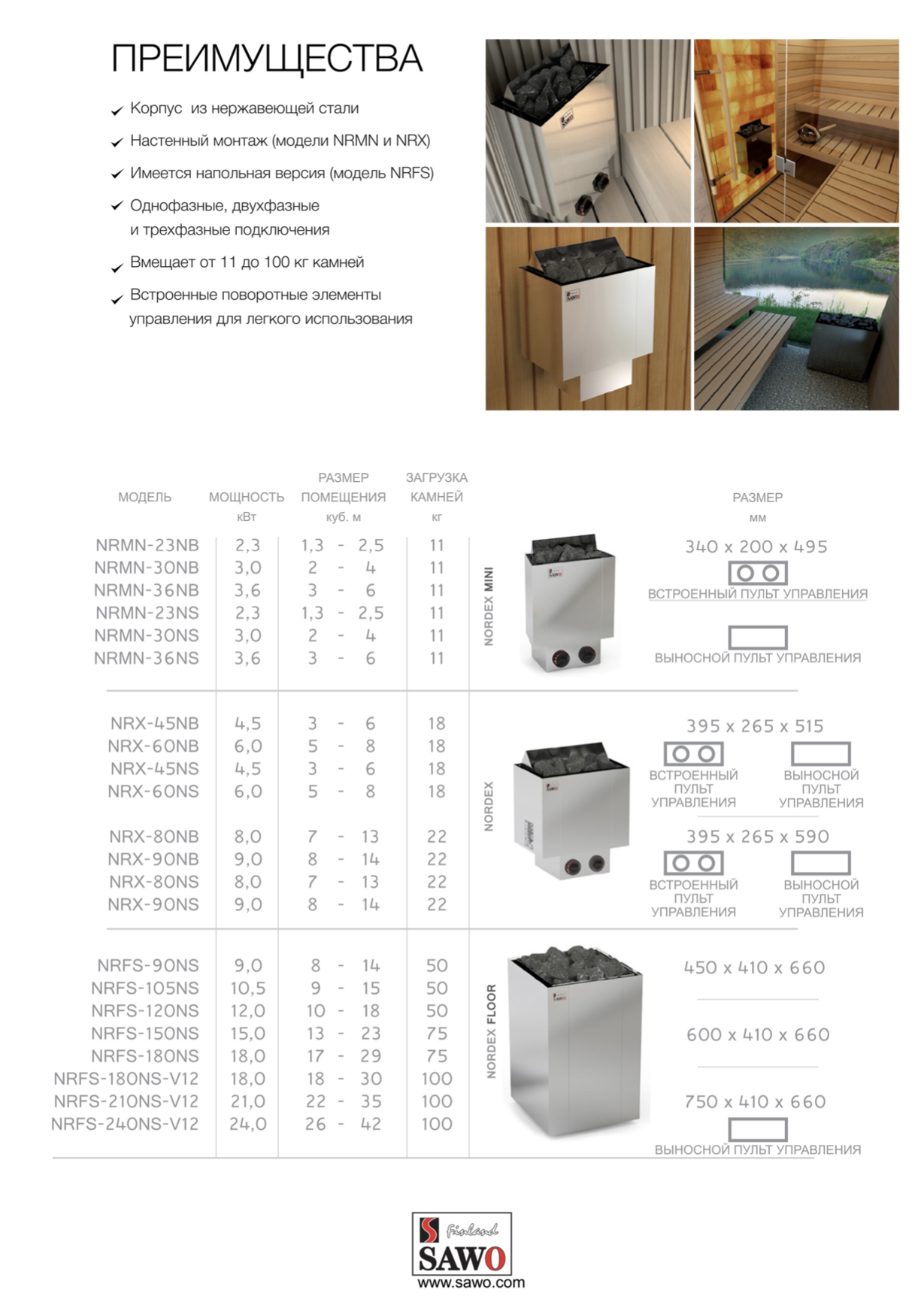 Электрическая печь SAWO NORDEX FlOOR NRFS-120NS-Z (12 кВт, внутри оцинковка, снаружи нержавейка), выносной пульт (пульт и блок мощности докупаются отдельно) 