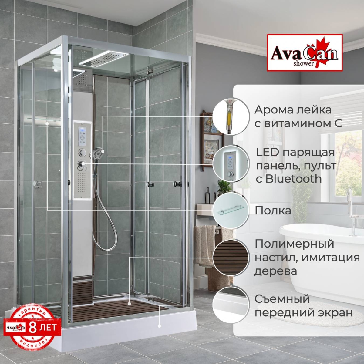 Душевая кабина AvaCan Z1911LEDMT, 78284, 110 x 90 см, крыша и задние стенки белый матовый, с LED подсветкой, с гидромассажем, с электрикой, поддон низкий, стекло прозрачное, профиль хром 