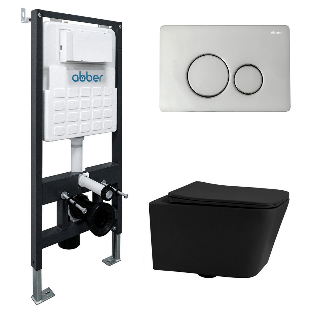 Инсталляция с унитазом Abber Rechteck AC1201MB-AC0105-AC0121, сиденье микролифт, клавиша смыва хром, черный матовый, комплект 