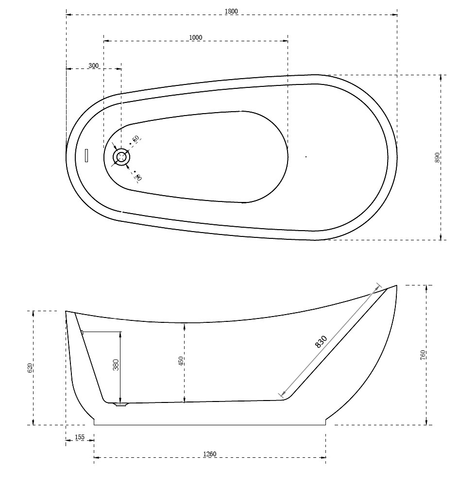 Ванна акриловая Abber AB9288, цвет белый, 180 х 89 х 76 см 