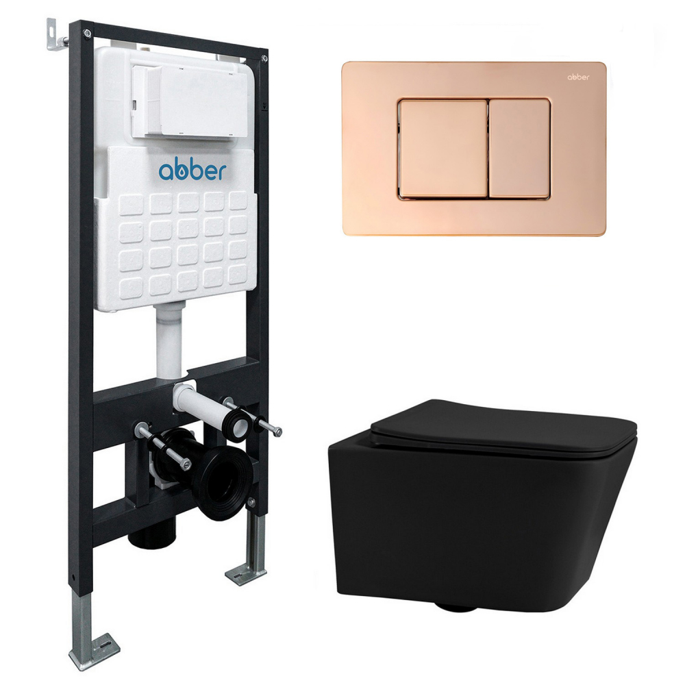 Инсталляция с унитазом Abber Rechteck AC1201MB-AC0105-AC0120RG, сиденье микролифт, клавиша смыва золото розовое, черный матовый, комплект 