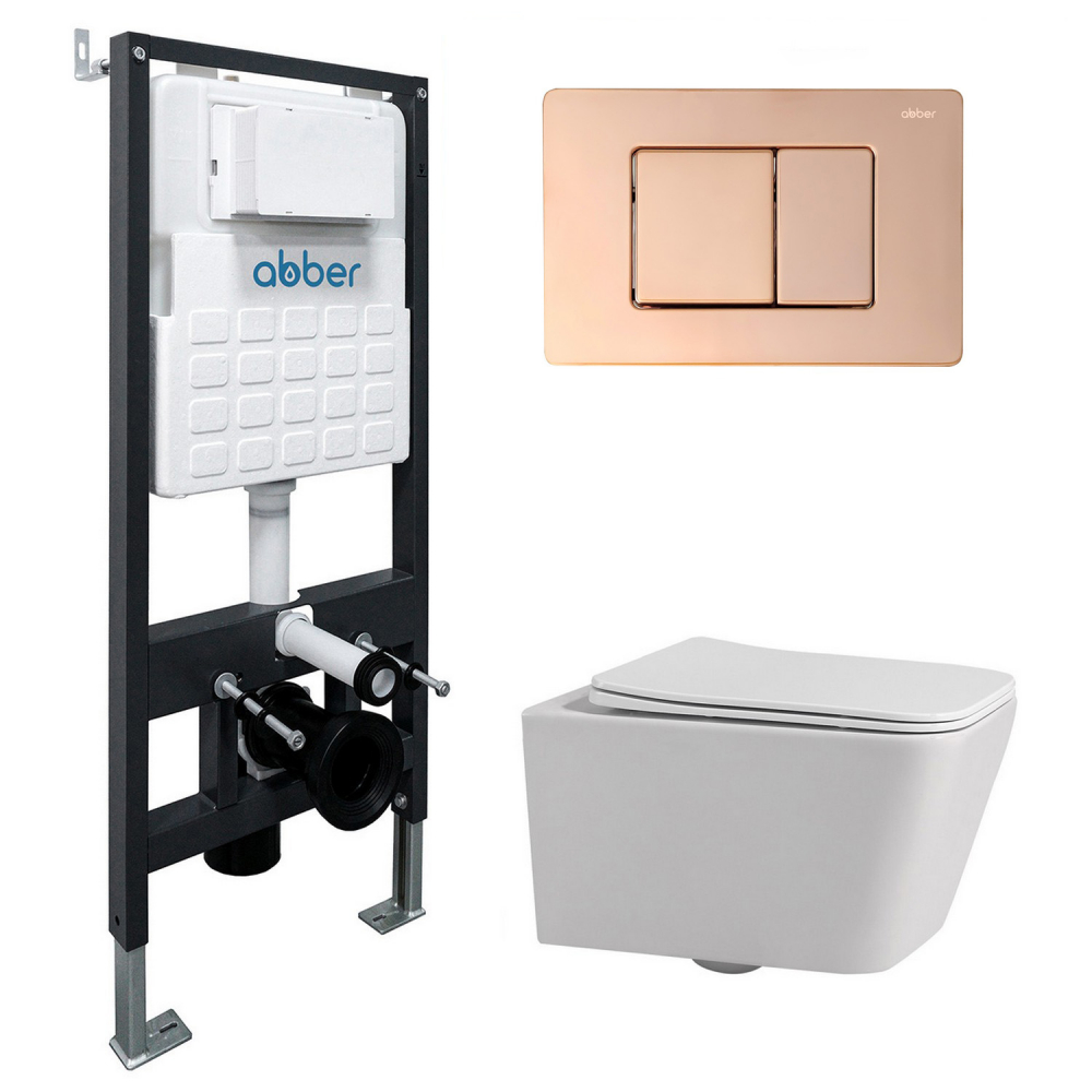 Инсталляция с унитазом Abber Rechteck AC1201-AC0105-AC0120RG, сиденье микролифт, клавиша смыва золото розовое, белый, комплект 