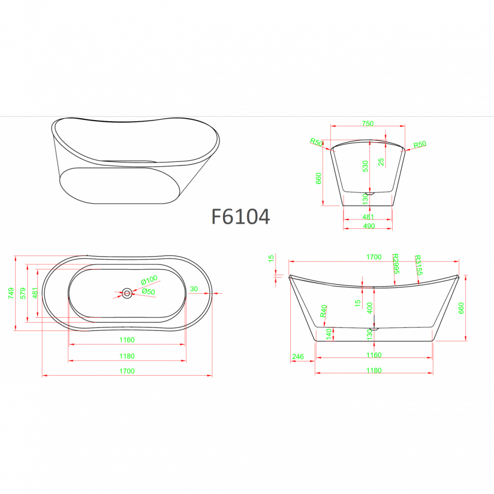 Ванна акриловая Frank F6104, 12515, 170 х 75 см, цвет белый 