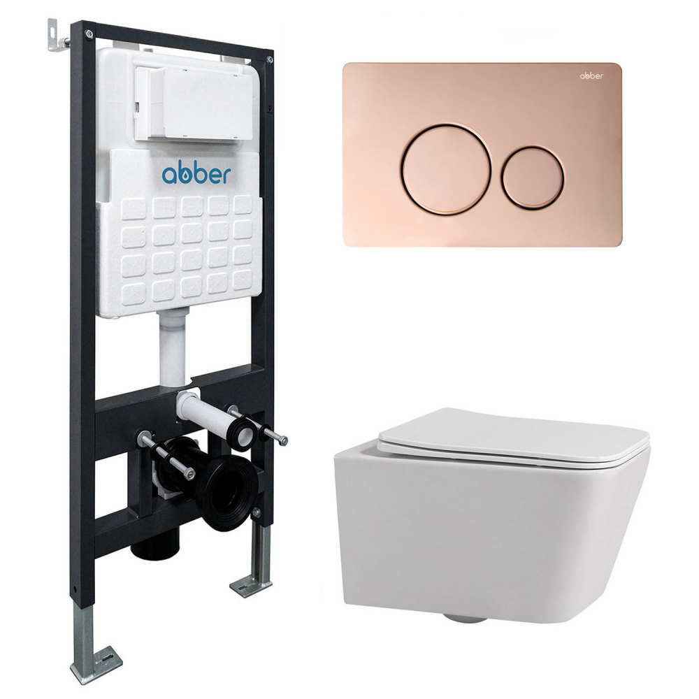Инсталляция с унитазом Abber Rechteck AC1201-AC0105-AC0121RG, сиденье микролифт, клавиша смыва золото розовое, белый, комплект 
