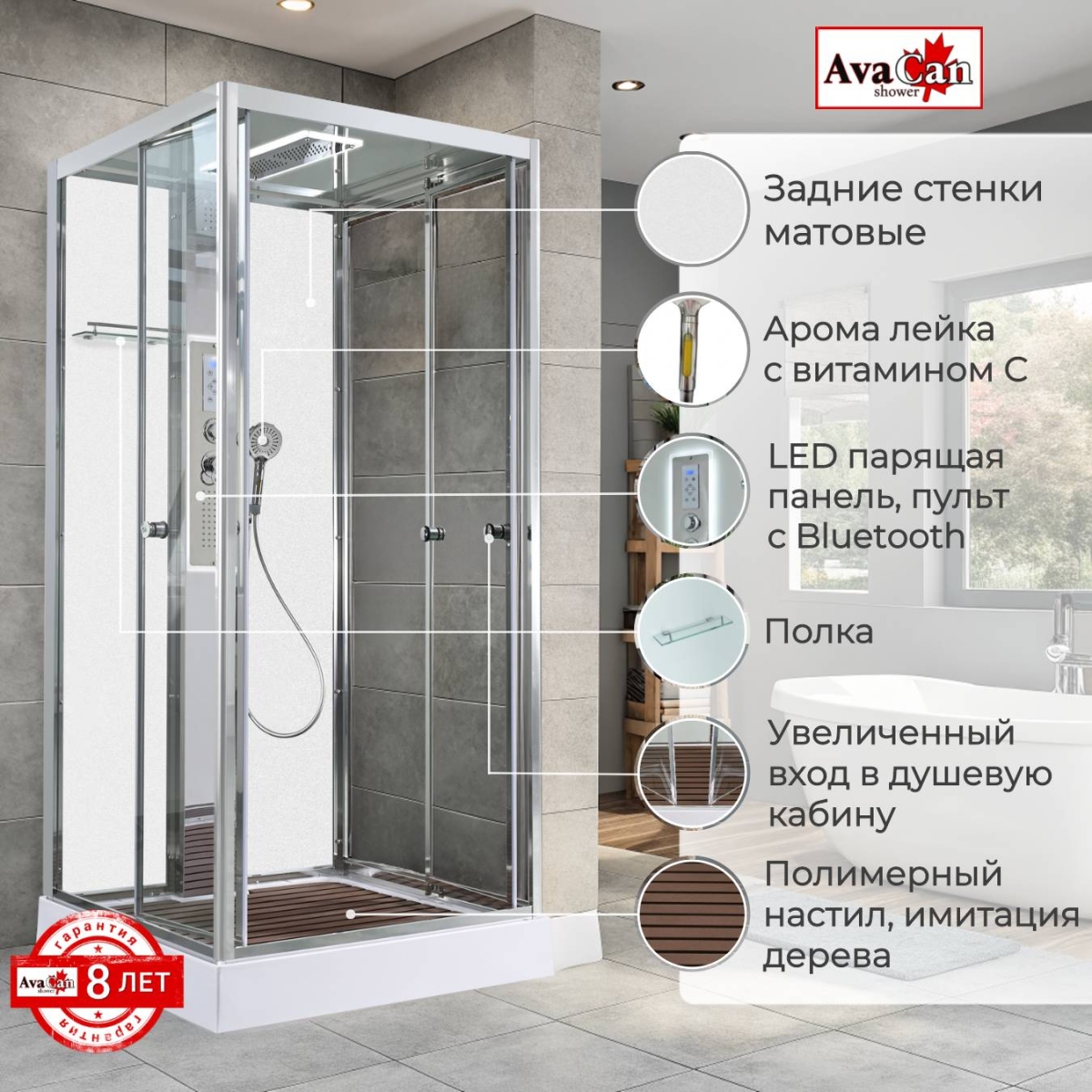 Душевая кабина AvaCan Z1910LEDMT, 78291, 100 x 100 см, крыша и задние стенки белый матовый, с LED подсветкой, с гидромассажем, с электрикой, поддон низкий, стекло прозрачное, профиль хром 