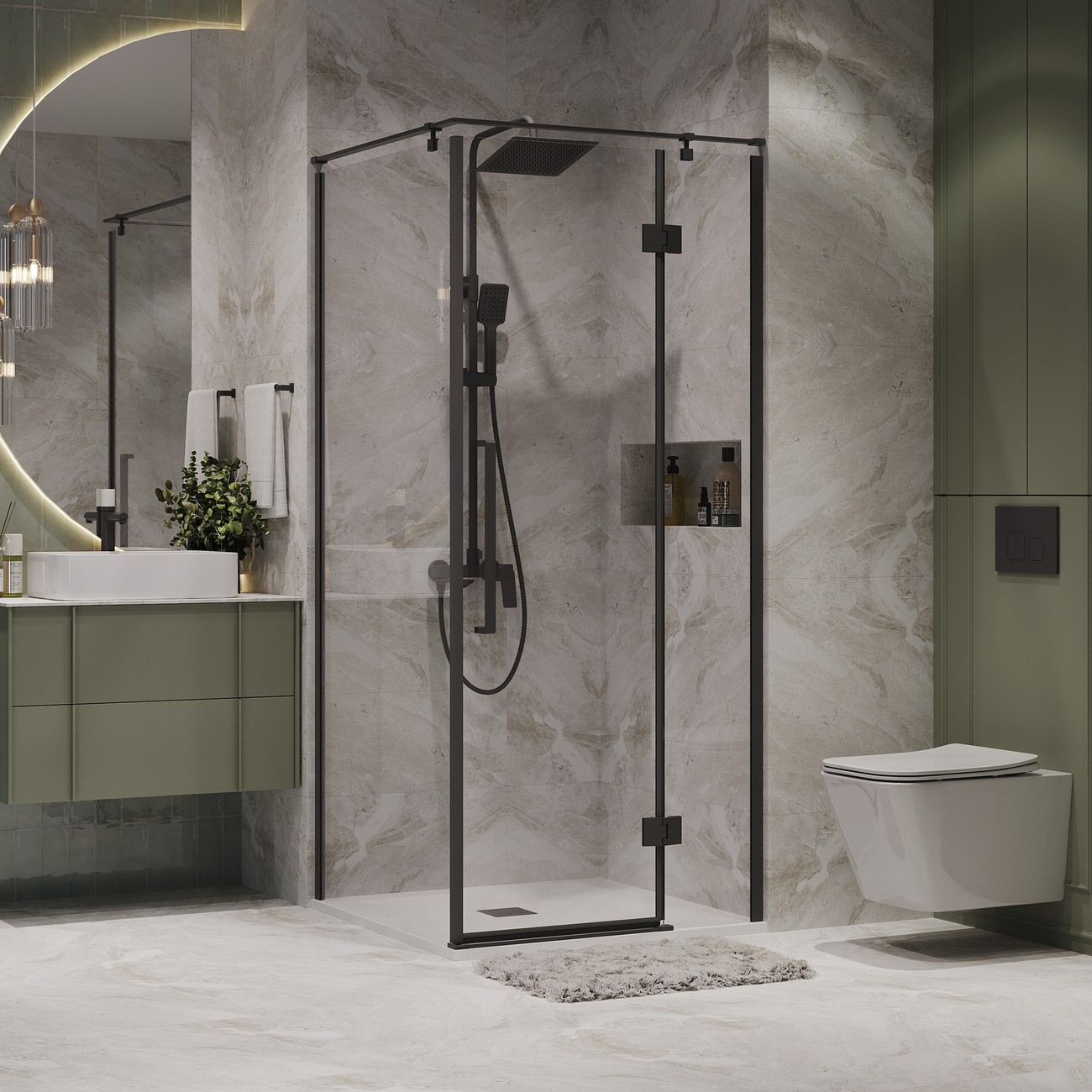 Душевое ограждение Niagara Nova NG-6831-34ВLACK (90х90х195) квадрат,черный матовый,двери распашные,стекло прозрачное,1 место 