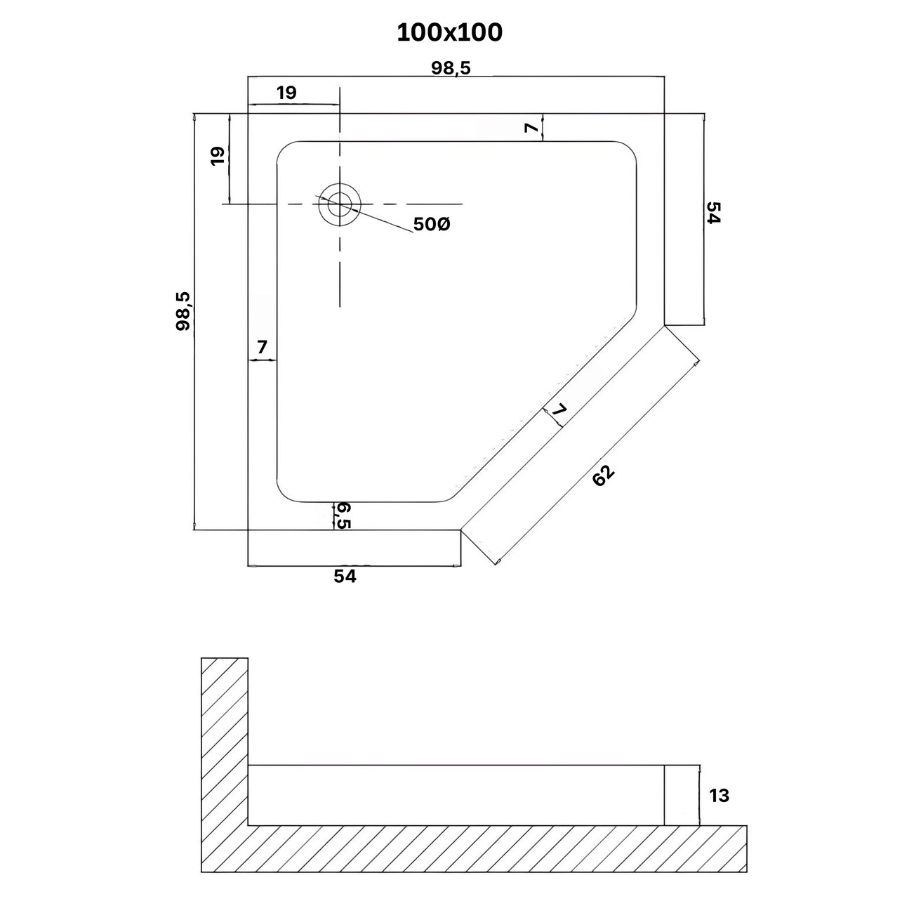 Душевой поддон NG-P1010-14D (100х100х13) трапеция,1 место 