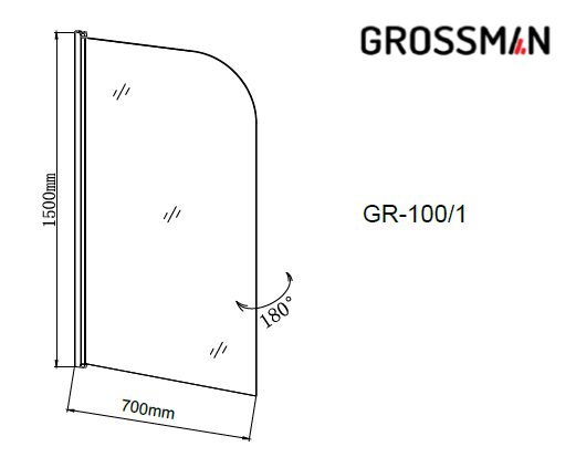 Шторка для ванны Grossman GR-100/1 (150х70) распашная,хром,стекло прозрачное,1 место 