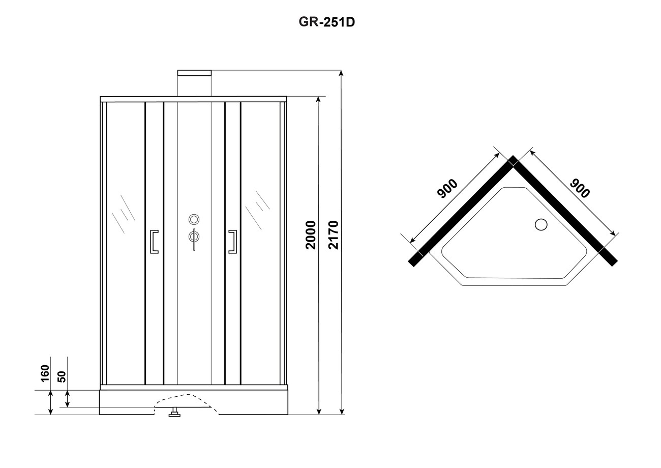 Душевая кабина Grossman Elegans 90 x 90 см, пятиугольная, профиль черный, GR251D 