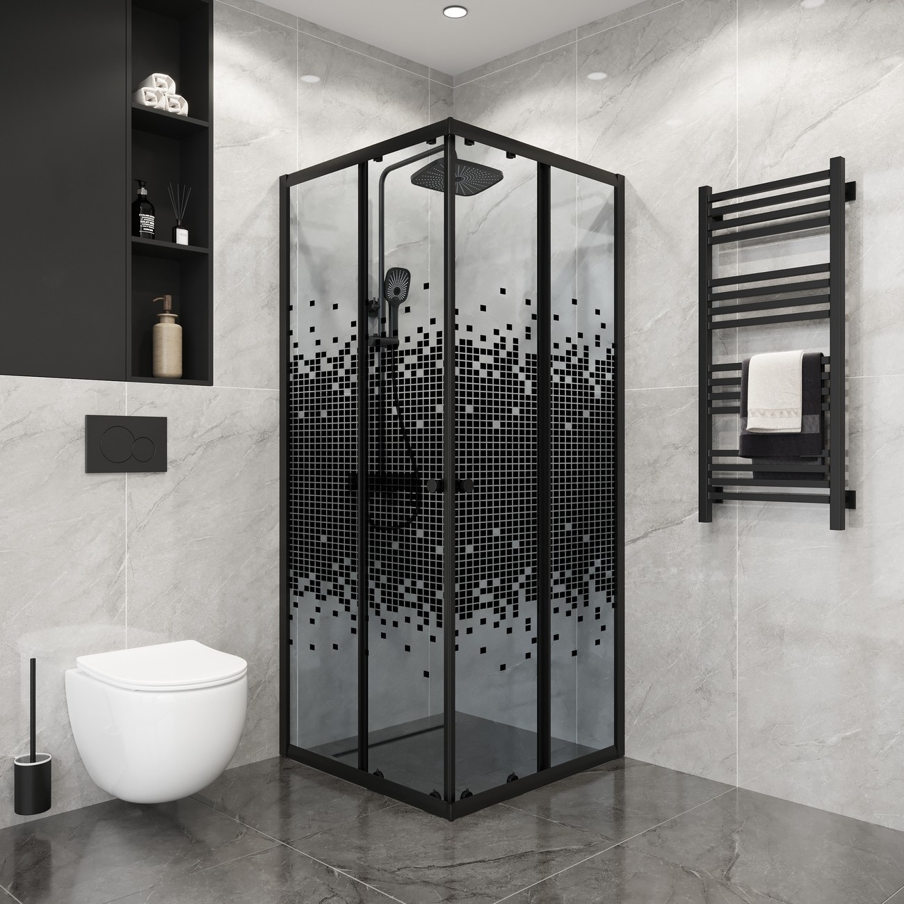 Душевое ограждение Niagara Eco NG-1008-14QBLACK (80х80х190) квадрат,раздвижное,черный,стекло мозаика,1 место 