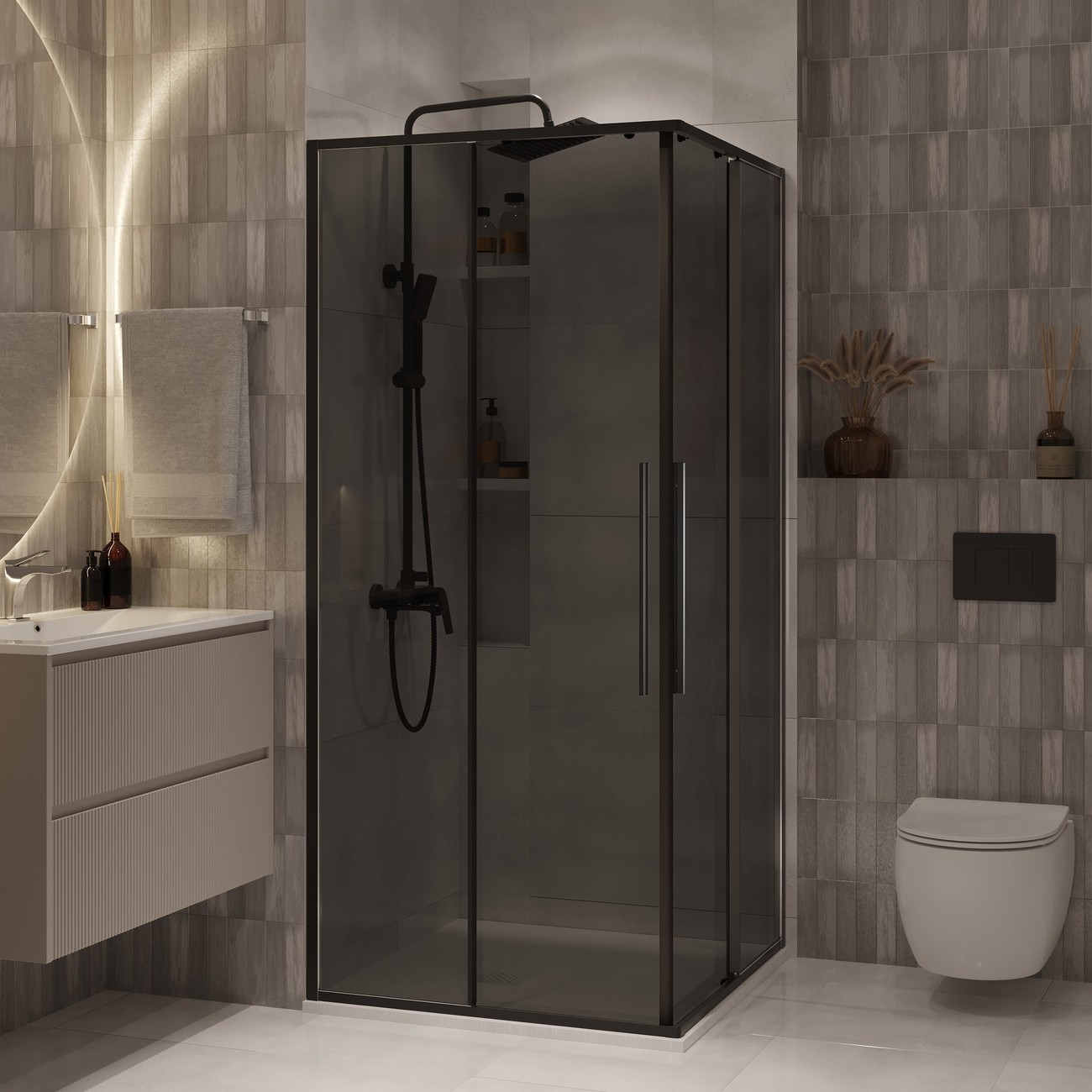 Душевое ограждение Niagara Nova NG-2823-34BLACK (90х90х195) квадрат,черный матовый,двери раздвижные,стекло тонированное,1 место 