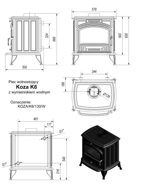 Чугунная печь Kratki Koza/K6/W (c вод.контуром) 