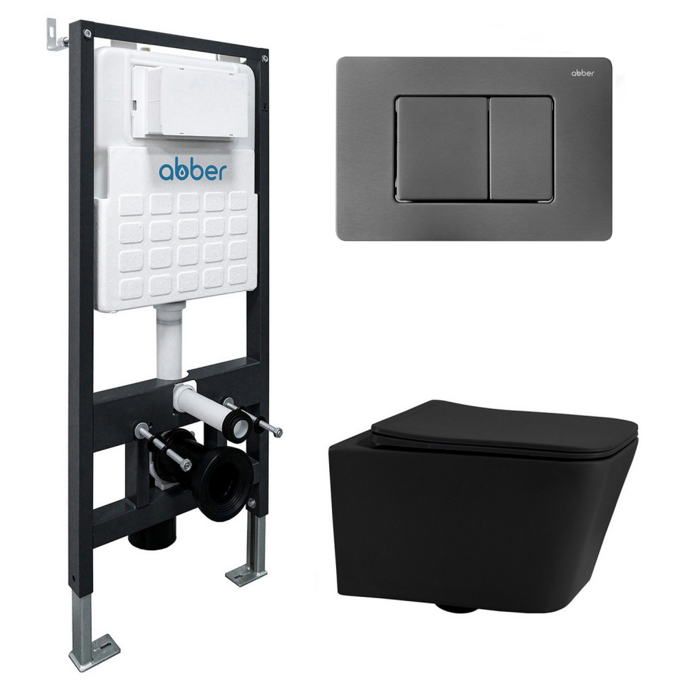 Инсталляция с унитазом Abber Rechteck AC1201MB-AC0105-AC0120NG, сиденье микролифт, клавиша смыва никель, черный матовый, комплект 