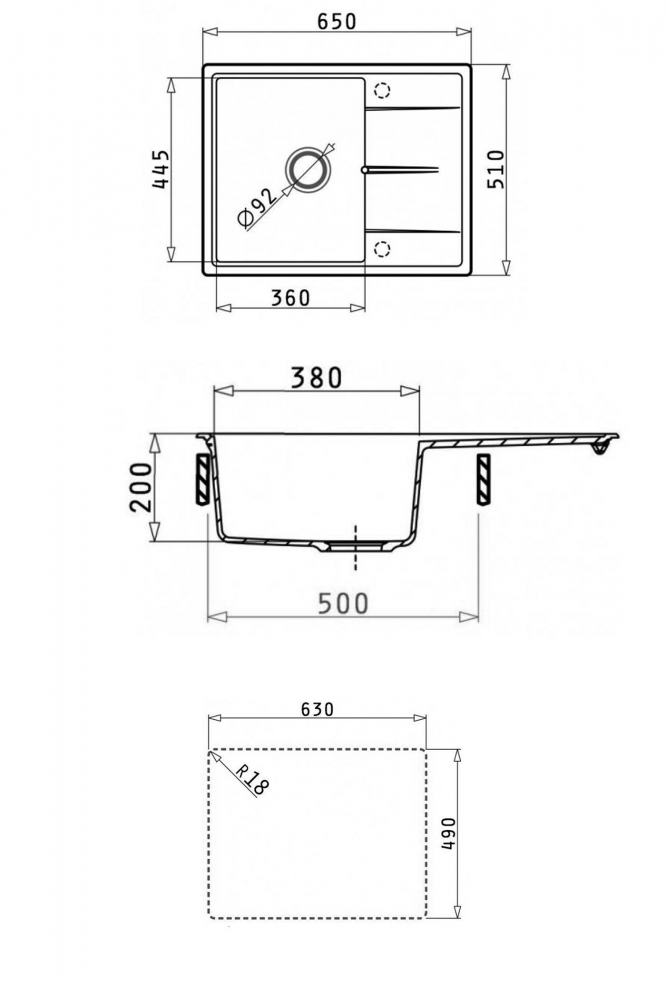 Кухонная мойка Abber Quarz AQ2903W, 65 см, кварцевый композит, крыло справа, белый матовый 