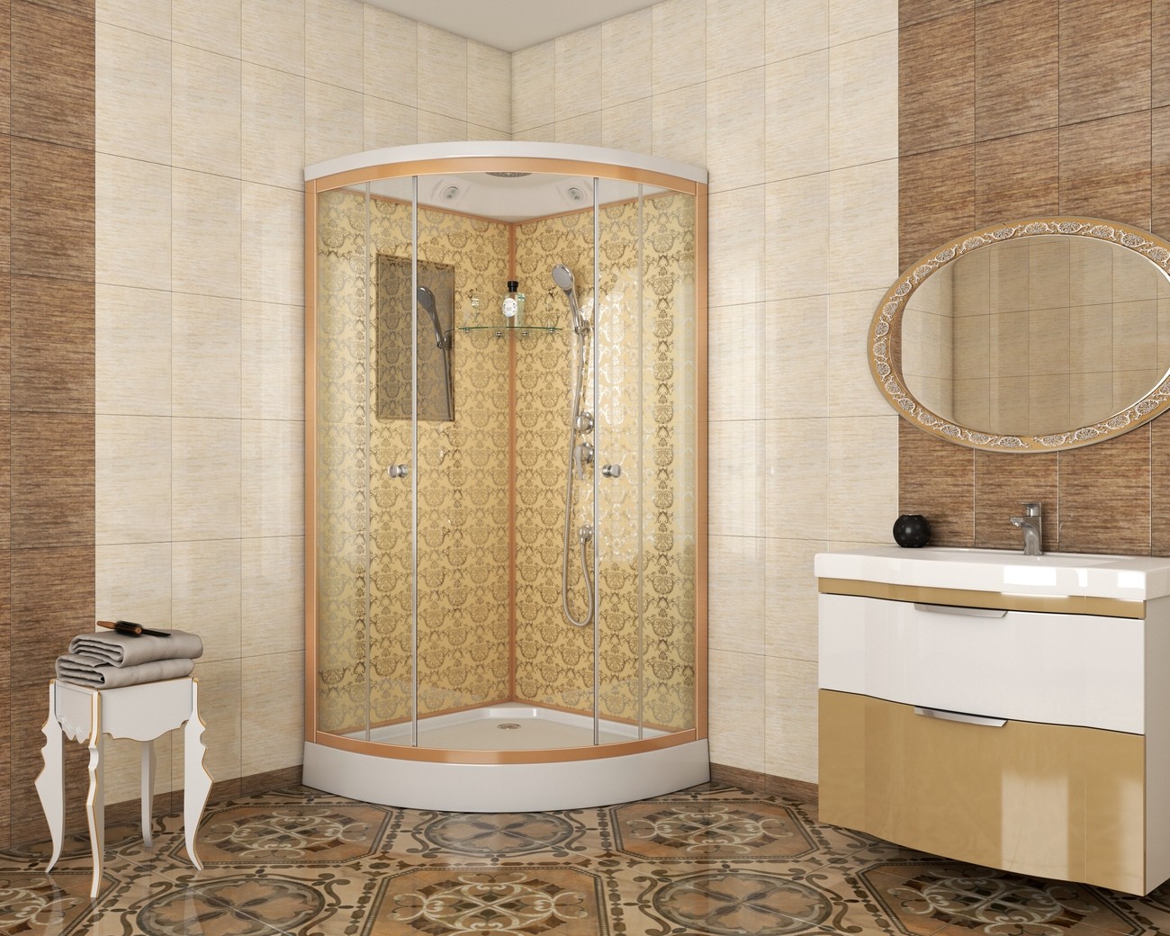 Душевая кабина Niagara Luxe NG-7701G (90x90х210) низкий поддон(15см),дверь раздвижная,стенки золото,3 места 