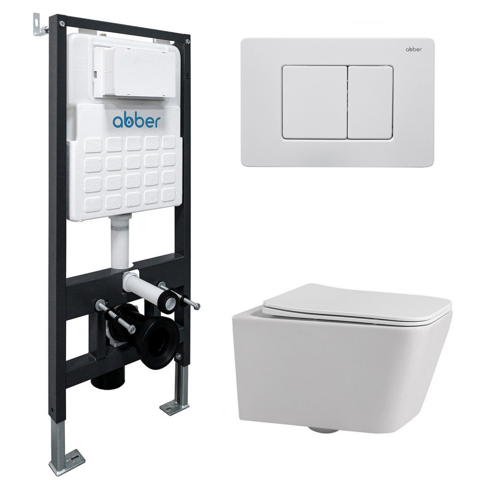 Инсталляция с унитазом Abber Rechteck AC1201-AC0105-AC0120MW, сиденье микролифт, клавиша смыва белый матовый, белый, комплект 