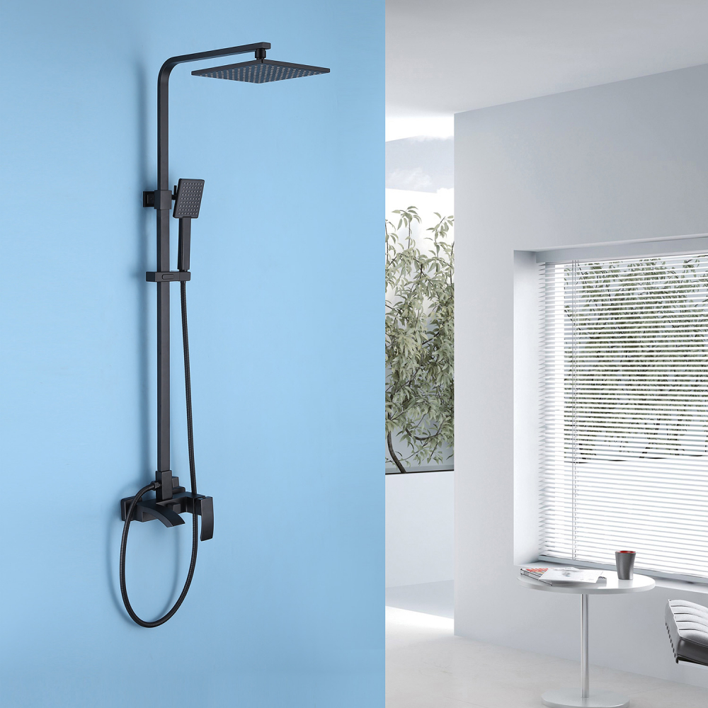 Душевая система Abber Wasserfall AF8616B, стойка, излив, верхний душ, душевая лейка, черный матовый 