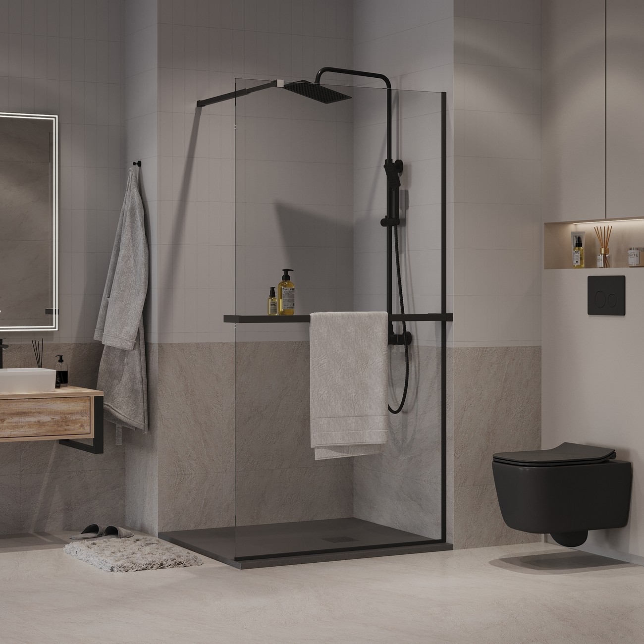 Душевая перегородка Niagara Nova NG-670-10ВLACK (100х195) черный матовый,стекло прозрачное,с полкой,1 место 