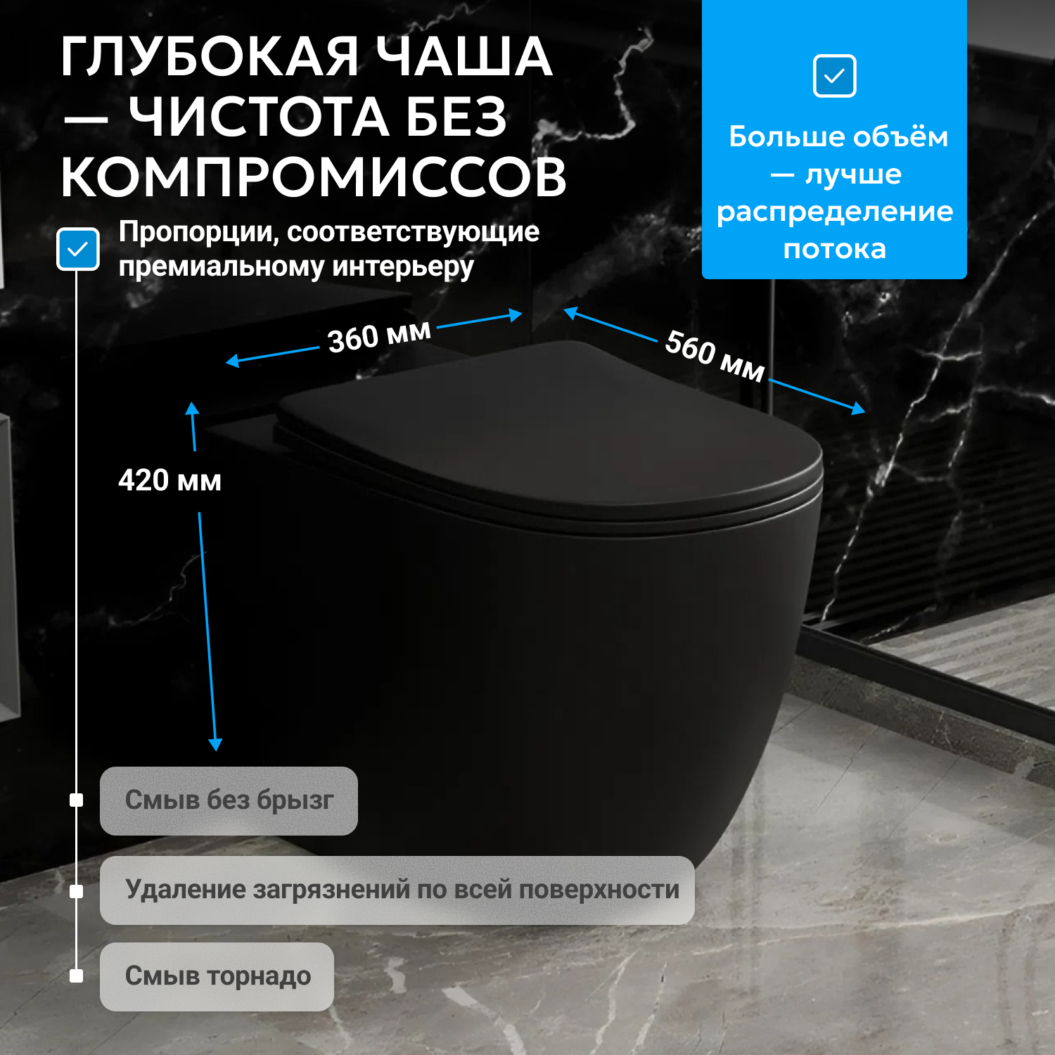 Приставной унитаз Abber Bequem AC1111TMB, безободковый, смыв Торнадо, сиденье микролифт, черный матовый 