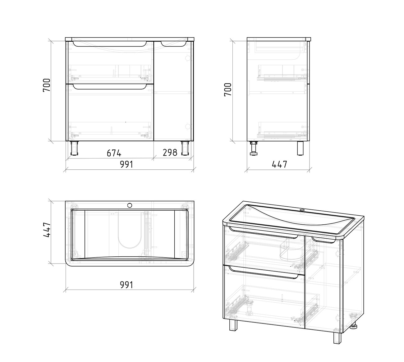 Тумба напольная "АДЕЛЬ-100 см" с 2-я ящ. белый глянец (ум. Aдель-100) 