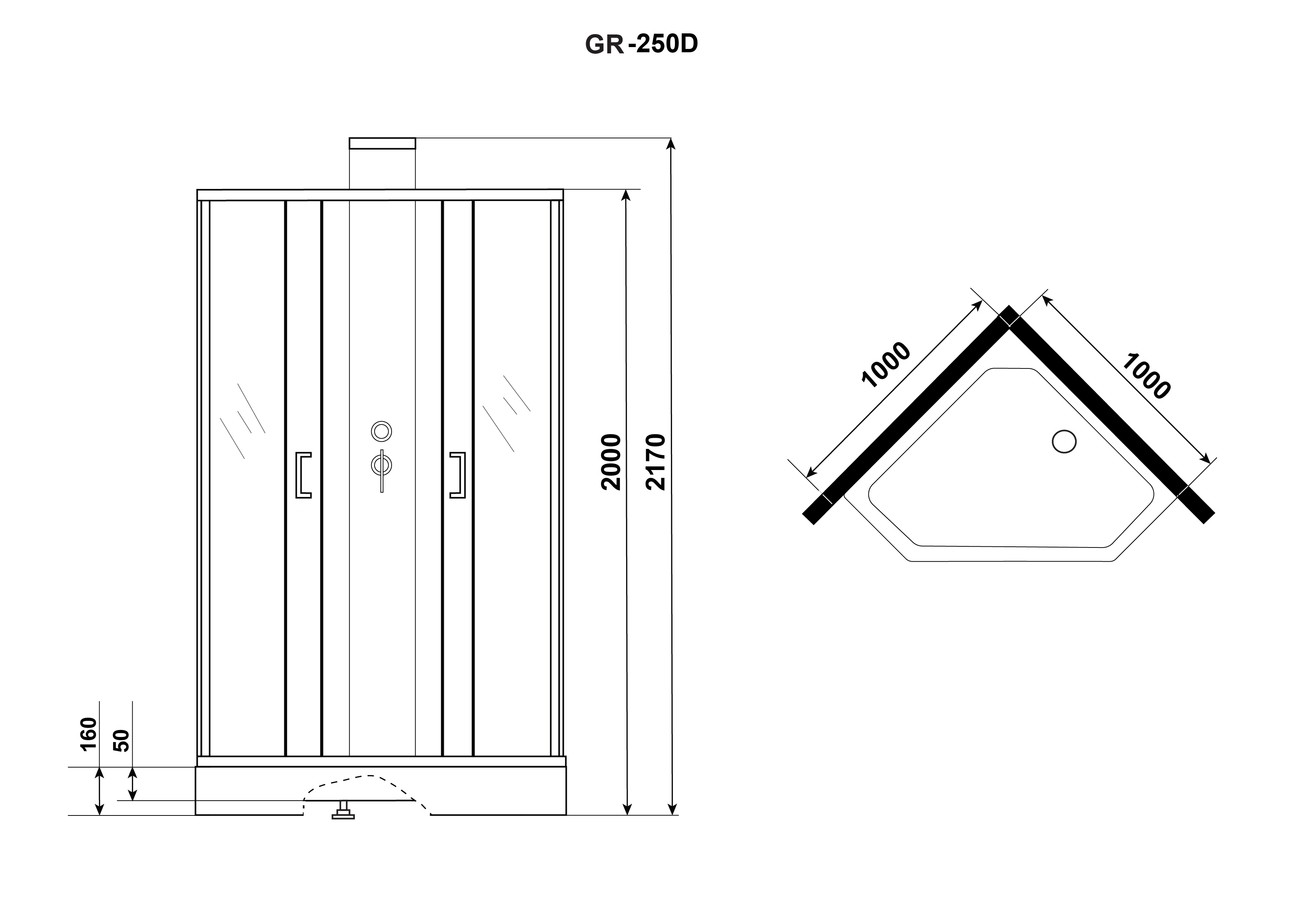 Душевая кабина Grossman Elegans 100 x 100 см, пятиугольная, профиль черный, GR250D 