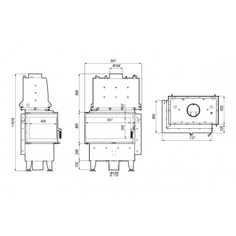 Каминная топка DEFRO HOME RIVA SM BL SHORT 16 кВт 737/465/482мм с водяным контуром 