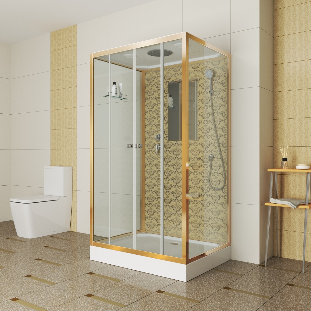 Душевая кабина Niagara Luxe NG-7772QG (120x90х210) низкий поддон(15см),дверь раздвижная,стенки золото,4 места 