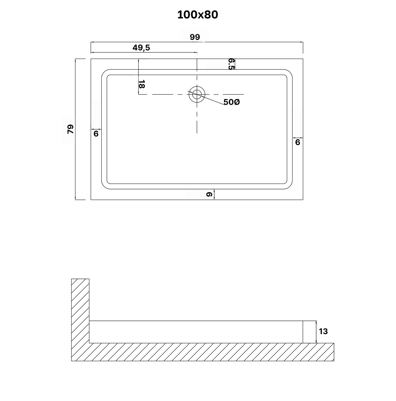 Душевой поддон NG-P1080-14Q (100х80х13) прямоугольник,1 место 