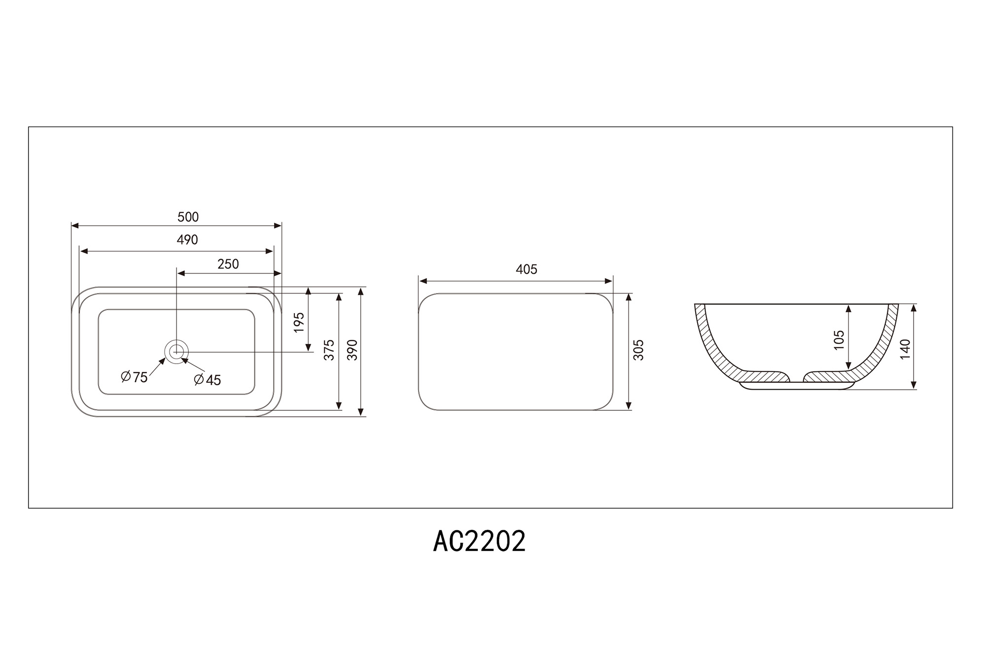 Раковина Abber Rechteck AC2202, накладная, 50 х 39 х 14 см, белая 