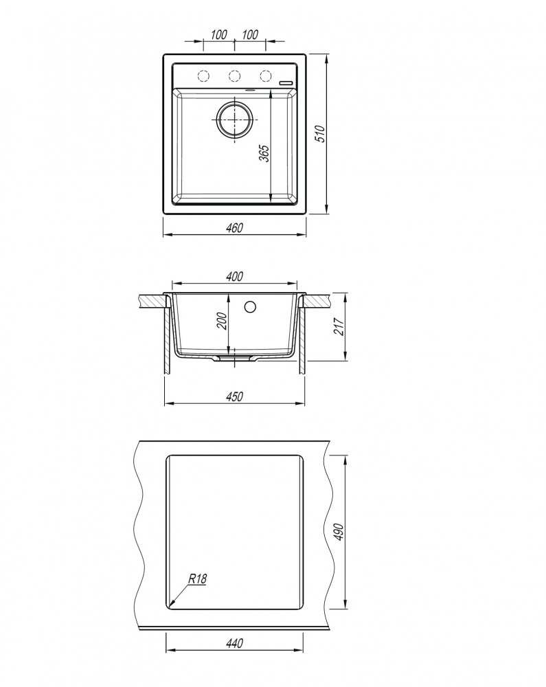 Кухонная мойка Abber Quarz AQ2901G, 46 см, кварцевый композит, серый 