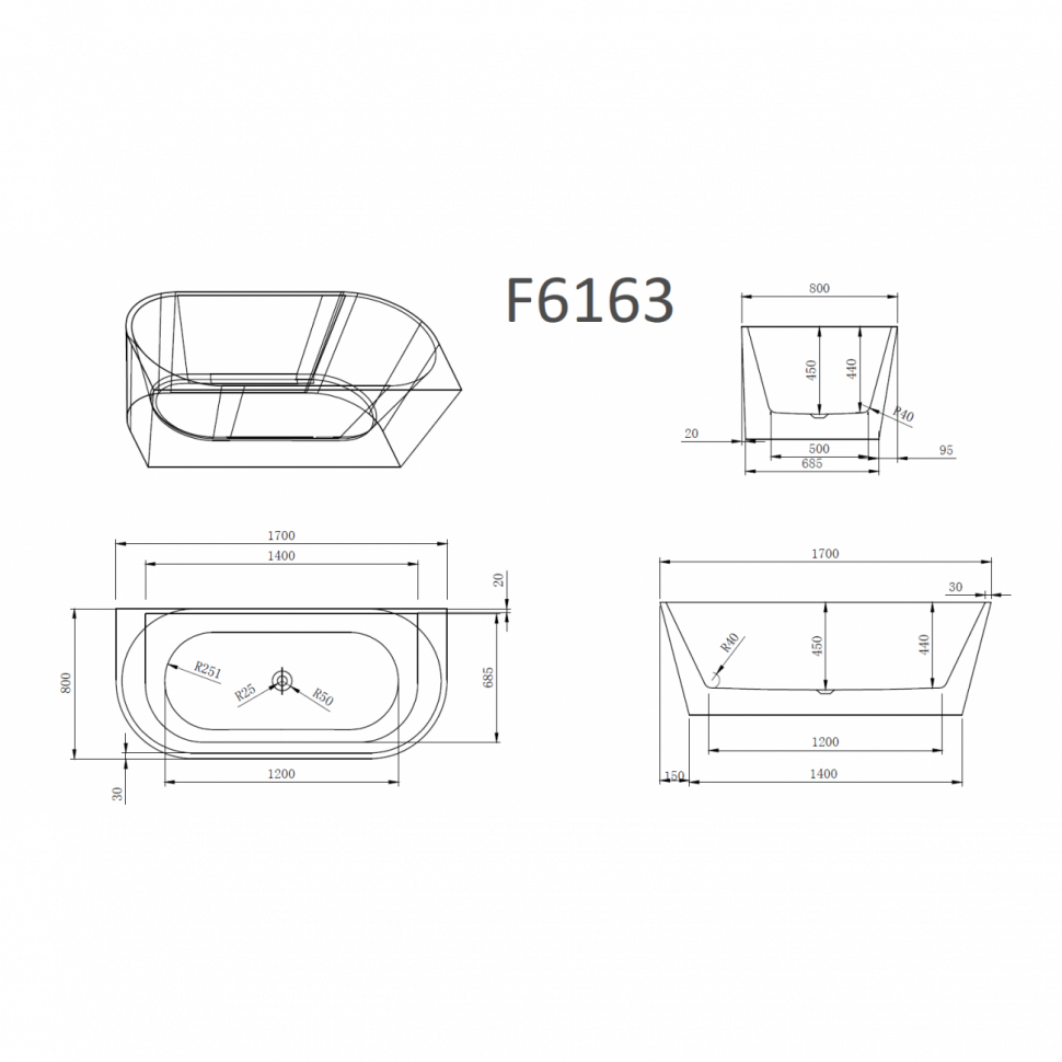 Ванна акриловая Frank F6163, 12530, 170 х 80 см, цвет белый 