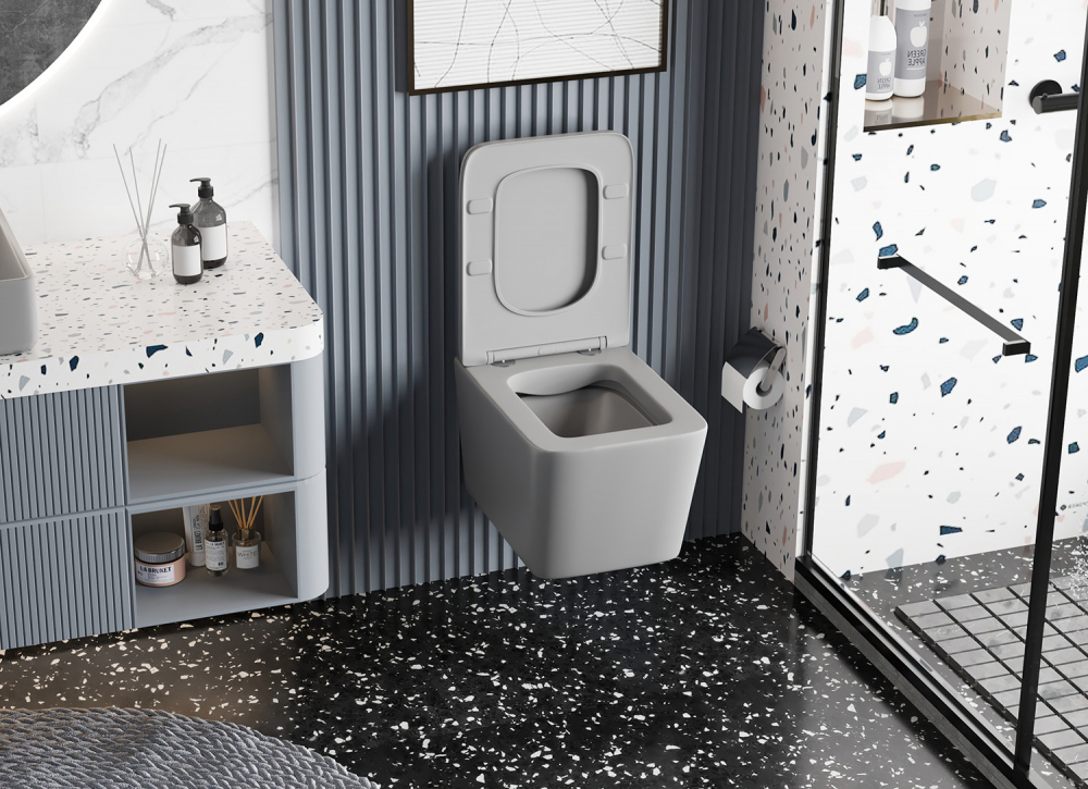 Подвесной унитаз Abber Rechteck AC1201MG, безободковый, сиденье микролифт, серый матовый 