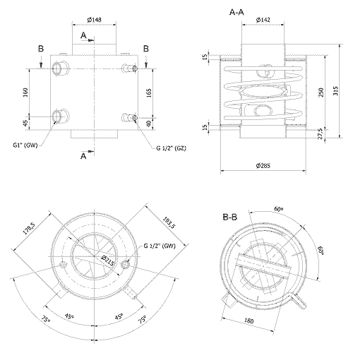 Теплообменник водный для дымохода, со змеевиком, д. 150 (V1) 