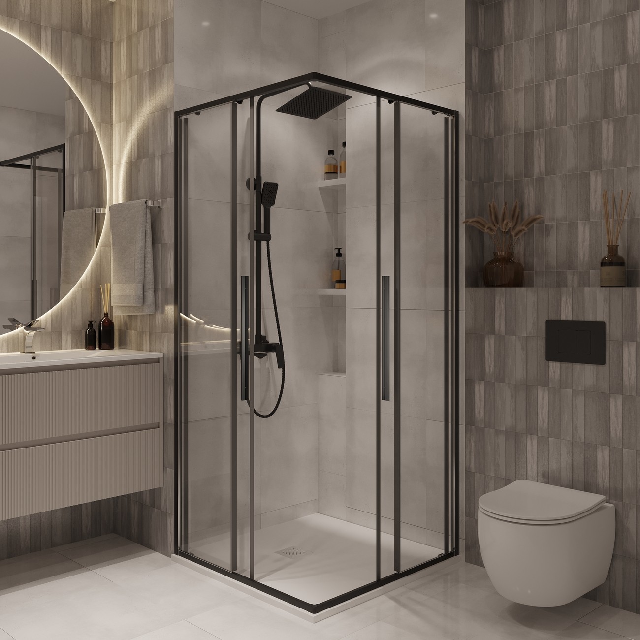 Душевое ограждение Niagara Nova NG-6823-34ВLACK (90х90х195) квадрат,черный матовый,двери раздвижные,стекло прозрачное,1 место 