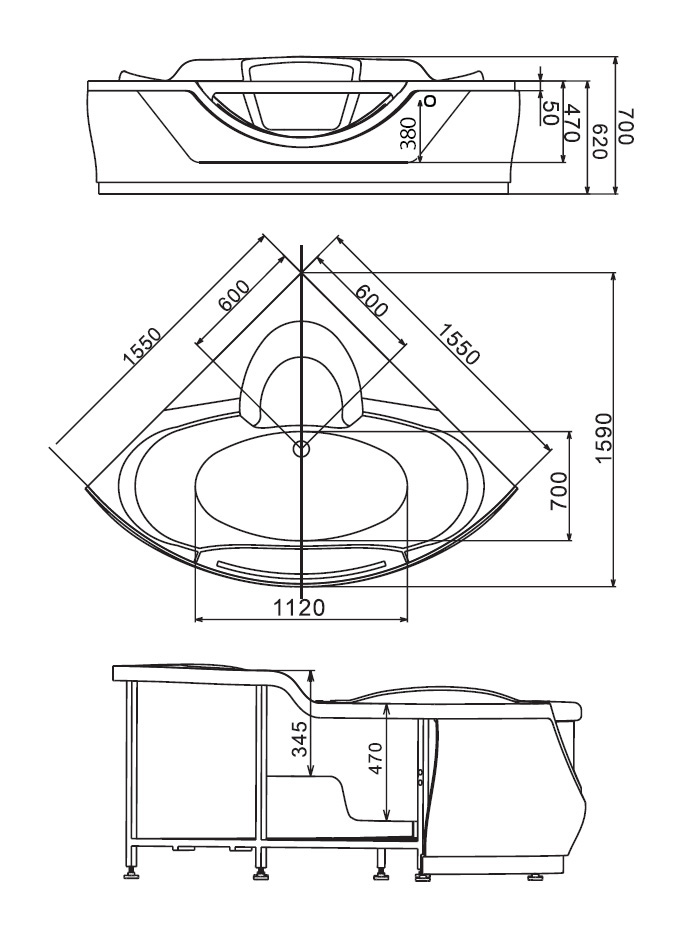 Ванна акриловая Gemy G9025 II C, 155 х 155 x 70 см 